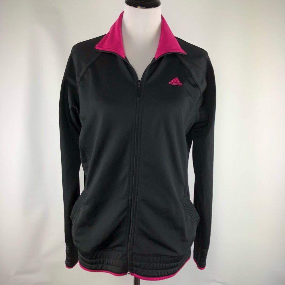 Adidas women’s black/fushia trim track jacket Sz L